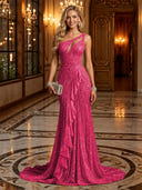 Sparkly Sequin Mermaid One Shoulder Long Evening Dresses with Ruffles