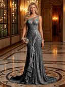 Sparkly Sequin Mermaid One Shoulder Long Evening Dresses with Ruffles