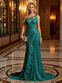 Sparkly Sequin Mermaid One Shoulder Long Evening Dresses with Ruffles