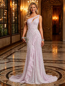 Sparkly Sequin Mermaid One Shoulder Long Evening Dresses with Ruffles
