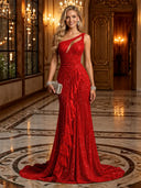 Sparkly Sequin Mermaid One Shoulder Long Evening Dresses with Ruffles