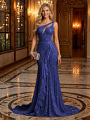Sparkly Sequin Mermaid One Shoulder Long Evening Dresses with Ruffles