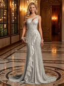 Sparkly Sequin Mermaid One Shoulder Long Evening Dresses with Ruffles