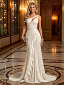 Sparkly Sequin Mermaid One Shoulder Long Evening Dresses with Ruffles