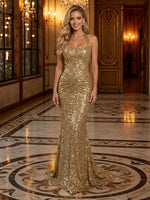 Sequin Mermaid Halter Long Evening Dresses with Pleated