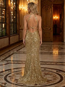 Sequin Mermaid Halter Long Evening Dresses with Pleated