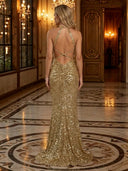 Sequin Mermaid Halter Long Evening Dresses with Pleated