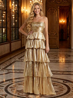 Metallic Satin A Line Strapless Long Evening Dresses with Tiered