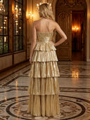 Metallic Satin A Line Strapless Long Evening Dresses with Tiered