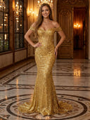 Sequin Mermaid Off Shoulder Long Evening Dresses with Corset