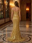 Sequin Mermaid Off Shoulder Long Evening Dresses with Corset