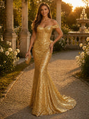Sequin Mermaid Off Shoulder Long Evening Dresses with Corset