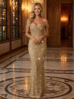 Glitter Sequin Mermaid Off Shoulder Long Evening Dresses with Corest