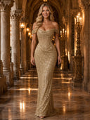 Glitter Sequin Mermaid Off Shoulder Long Evening Dresses with Corest