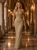 Glitter Sequin Mermaid Off Shoulder Long Evening Dresses with Corest