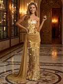 Sequin Mermaid Strapless Long Evening Dresses with Train