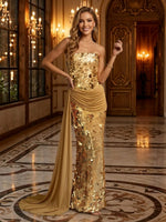Sequin Mermaid Strapless Long Evening Dresses with Train