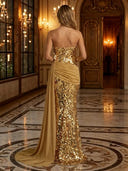 Sequin Mermaid Strapless Long Evening Dresses with Train