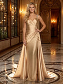 Satin Mermaid V Neck Spaghetti Straps Long Evening Dresses
