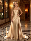 Satin Mermaid V Neck Spaghetti Straps Long Evening Dresses