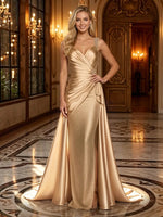 Satin Mermaid V Neck Spaghetti Straps Long Evening Dresses