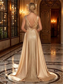 Satin Mermaid V Neck Spaghetti Straps Long Evening Dresses