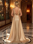 Satin Mermaid V Neck Spaghetti Straps Long Evening Dresses