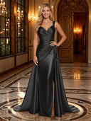 Satin Mermaid V Neck Spaghetti Straps Long Evening Dresses
