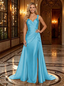 Satin Mermaid V Neck Spaghetti Straps Long Evening Dresses