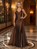 Satin Mermaid V Neck Spaghetti Straps Long Evening Dresses
