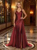 Satin Mermaid V Neck Spaghetti Straps Long Evening Dresses