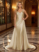 Satin Mermaid V Neck Spaghetti Straps Long Evening Dresses