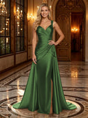Satin Mermaid V Neck Spaghetti Straps Long Evening Dresses