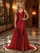 Satin Mermaid V Neck Spaghetti Straps Long Evening Dresses