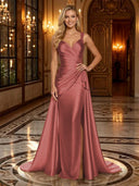 Satin Mermaid V Neck Spaghetti Straps Long Evening Dresses