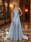 Satin Mermaid V Neck Spaghetti Straps Long Evening Dresses