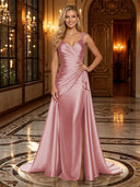Satin Mermaid V Neck Spaghetti Straps Long Evening Dresses