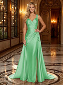Satin Mermaid V Neck Spaghetti Straps Long Evening Dresses