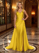 Satin Mermaid V Neck Spaghetti Straps Long Evening Dresses
