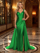 Satin Mermaid V Neck Spaghetti Straps Long Evening Dresses