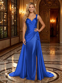 Satin Mermaid V Neck Spaghetti Straps Long Evening Dresses