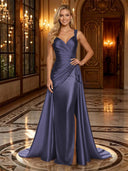 Satin Mermaid V Neck Spaghetti Straps Long Evening Dresses