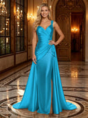 Satin Mermaid V Neck Spaghetti Straps Long Evening Dresses