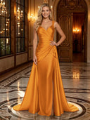 Satin Mermaid V Neck Spaghetti Straps Long Evening Dresses