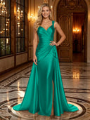 Satin Mermaid V Neck Spaghetti Straps Long Evening Dresses