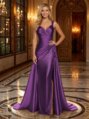 Satin Mermaid V Neck Spaghetti Straps Long Evening Dresses