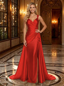 Satin Mermaid V Neck Spaghetti Straps Long Evening Dresses
