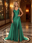 Satin Mermaid V Neck Spaghetti Straps Long Evening Dresses