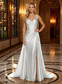 Satin Mermaid V Neck Spaghetti Straps Long Evening Dresses