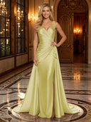 Satin Mermaid V Neck Spaghetti Straps Long Evening Dresses